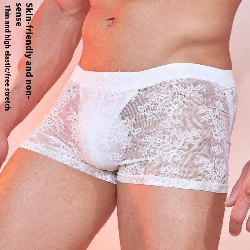 Men's black nylon lace boxers laid flat, showing the free-size fit and textured fabric detail.