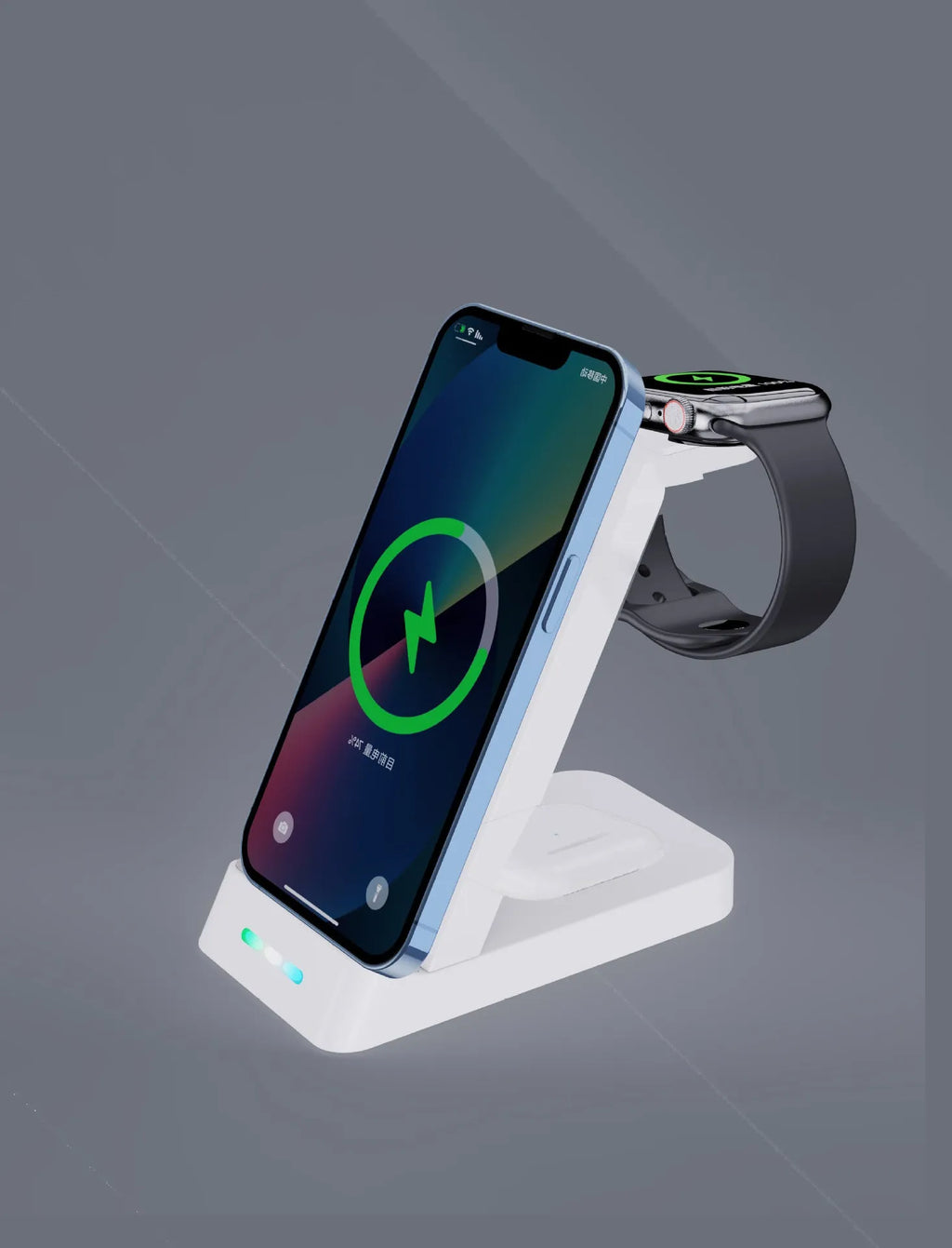 Black three-in-one wireless charging station showing phone, watch and earbuds charging simultaneously
