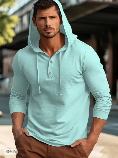Casual cotton pullover hoodie in multiple colours, showing long sleeves and hood, sized for European and American fit.