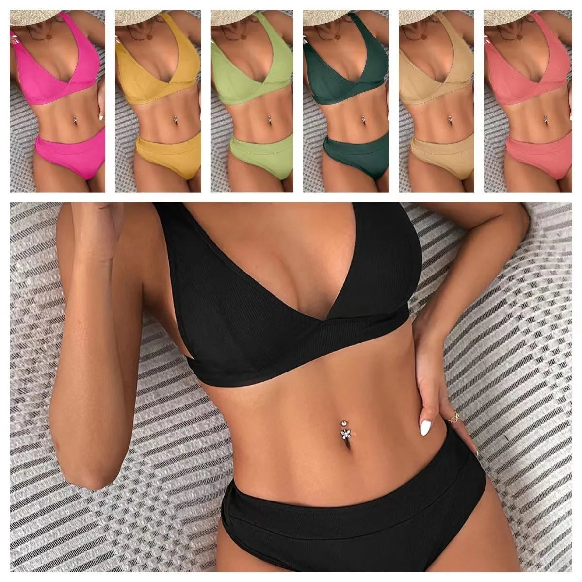 Women's black bikini with lace-up front detail and high-leg split style on a mannequin.
