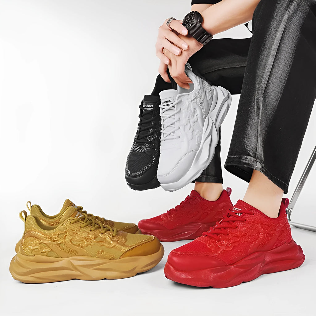 Chinese Loong casual sneakers with dragon design on breathable fly knit upper and rubber sole