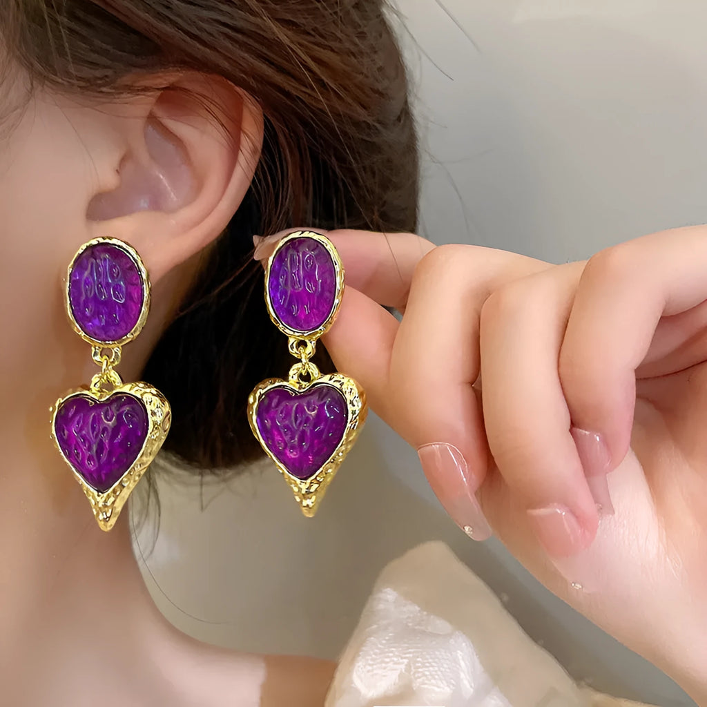 Silver needle pleated oval love heart stud earrings in four colour options