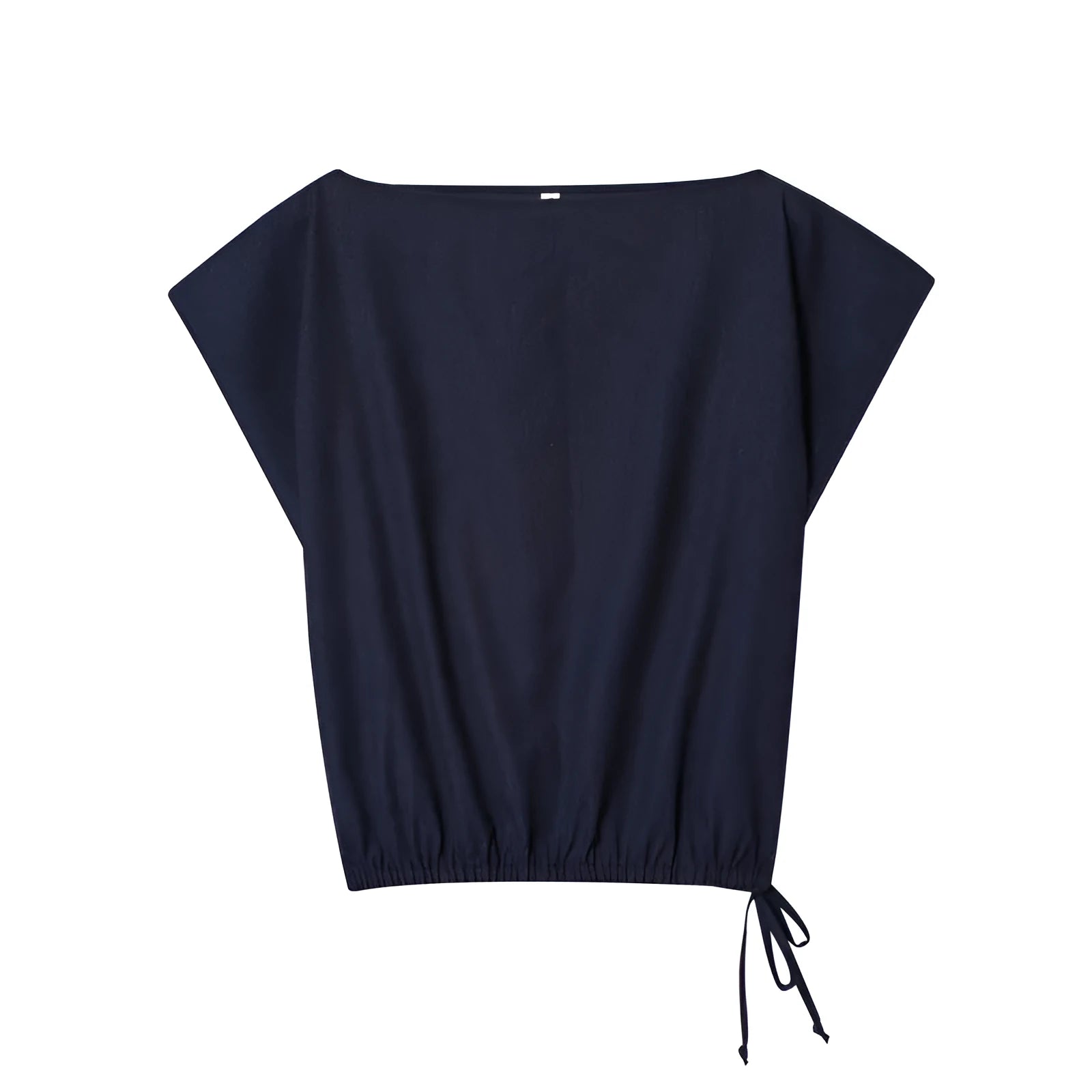 Women's linen blend co-ord set showing flounced sleeve off-neck top with wide leg trousers in temperament commute style