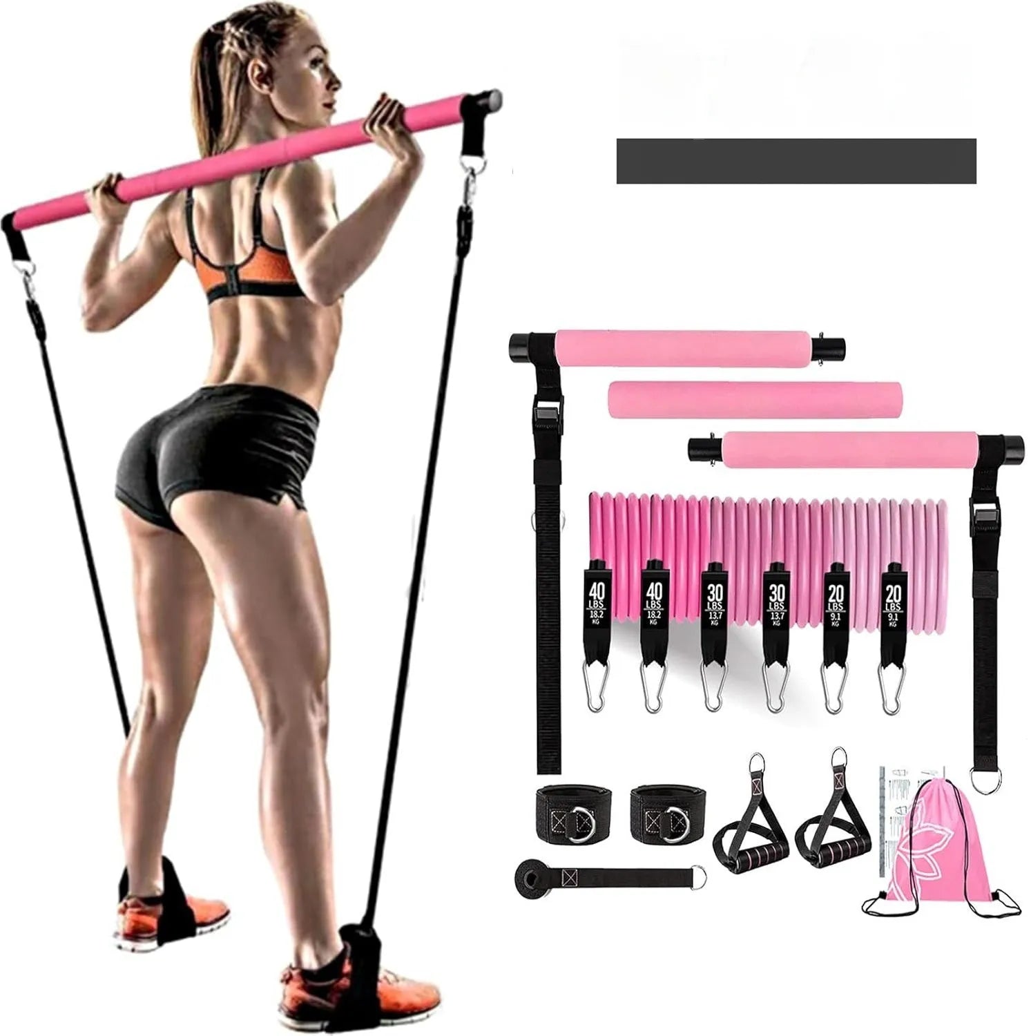 Yoga gymnastic bar set with 180 pounds reinforced resistance band pull rope in TPE material