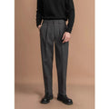 Men's straight-fit polyester trousers in dark grey, laid flat showing waistband and leg cut.