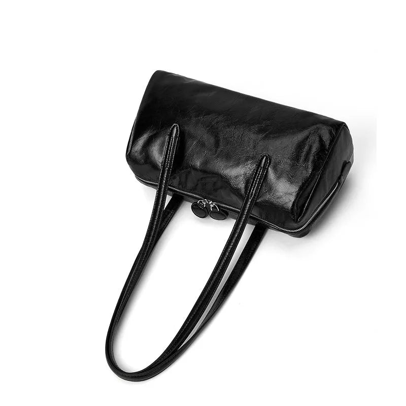 Genuine leather retro tote bag horizontal square shoulder bag 32x16x15cm cowhide open pocket mobile phone bag