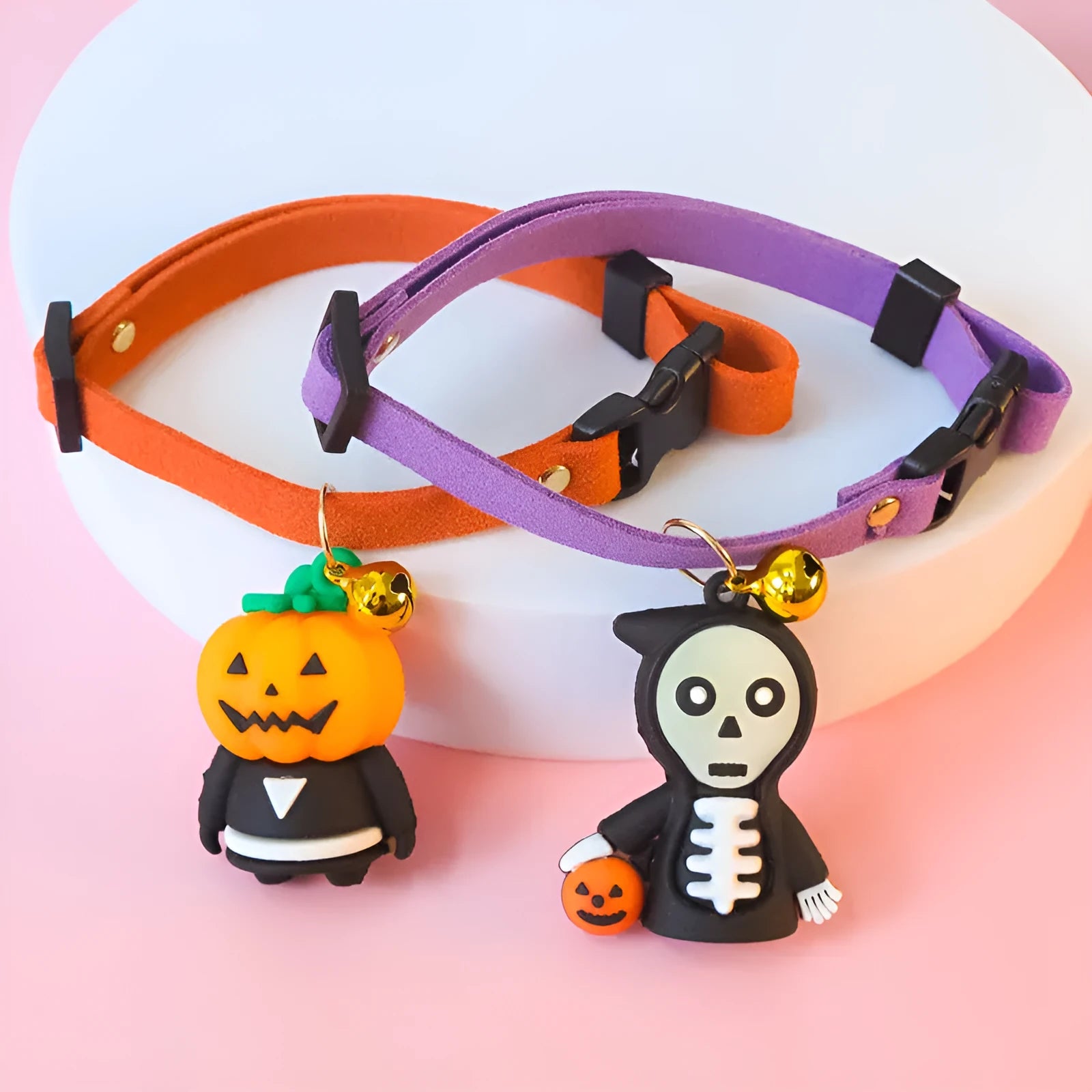 Halloween pet collar decoration with luminous skull pattern shown on adjustable polyester strap