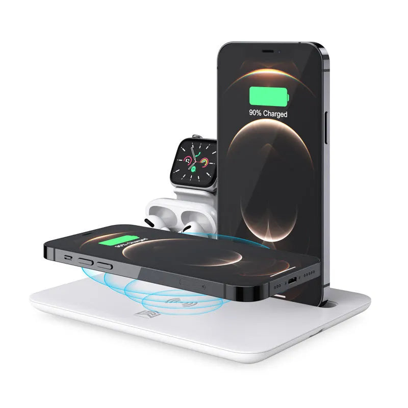 Wireless desktop charger with phone bracket showing watch and headphone charging ports in black finish