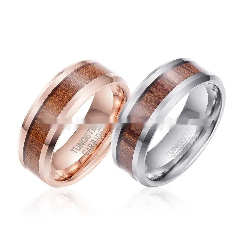 Tungsten ring with Ugyen wood and leather inlay in U-shaped 8mm band