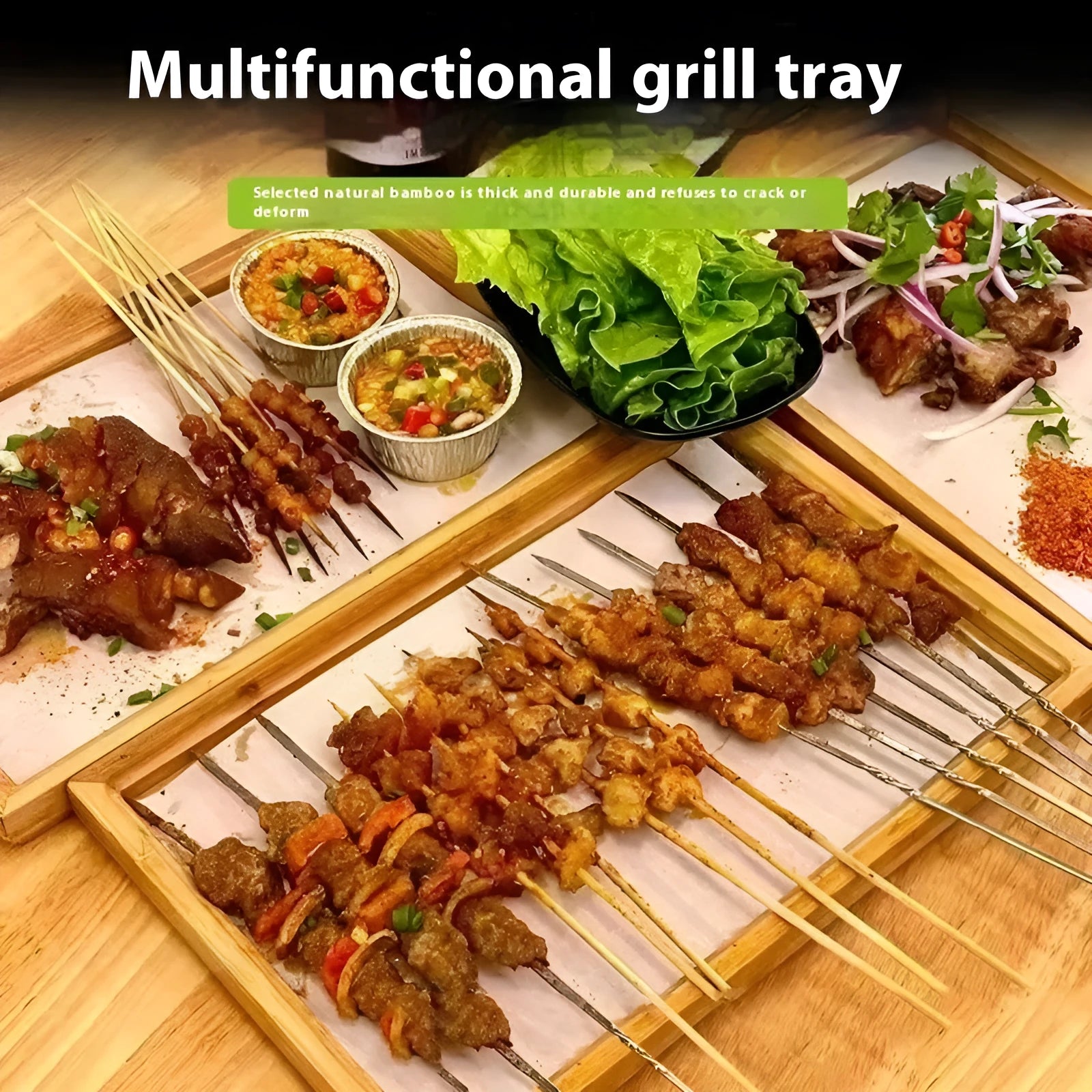 Square bamboo serving tray with brown handle in pastoral style for commercial hospitality use