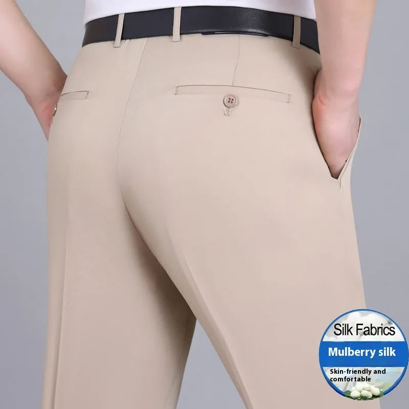 Men's straight leg business trousers in mulberry silk blend fabric with high waist design