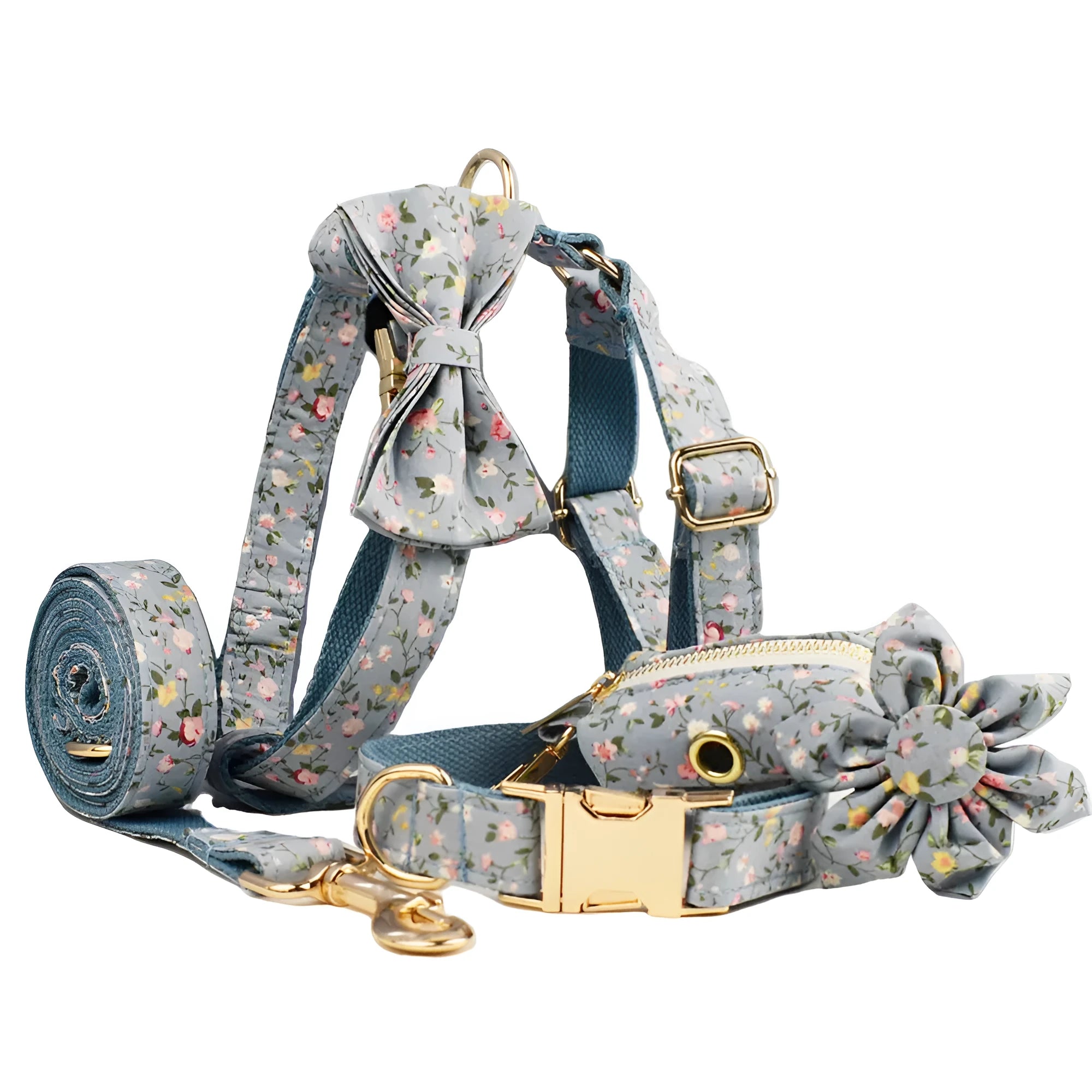 Blue floral patterned cloth dog collar with matching leash and vest set on a white background.