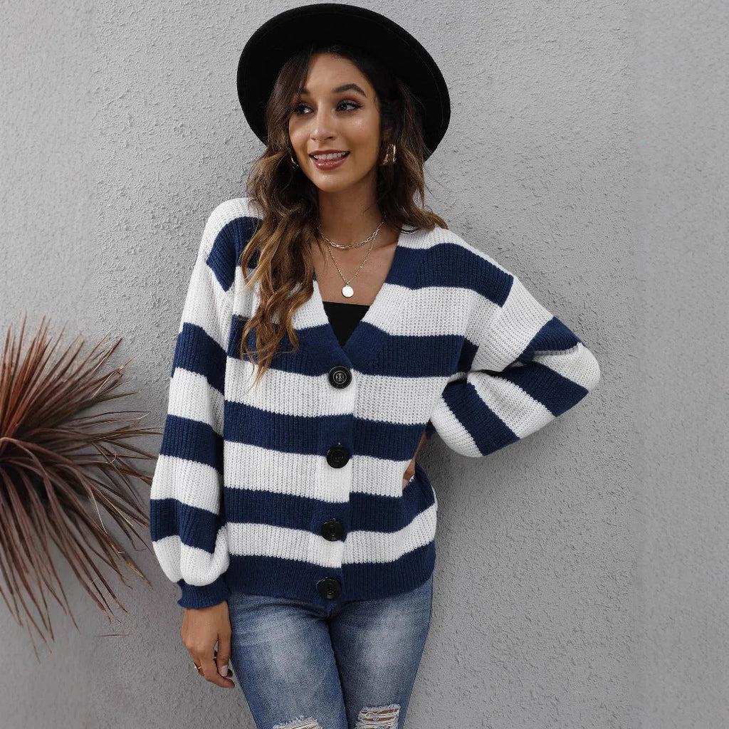 Women's striped button-front cardigan sweater in deer plush fabric, shown in blue.