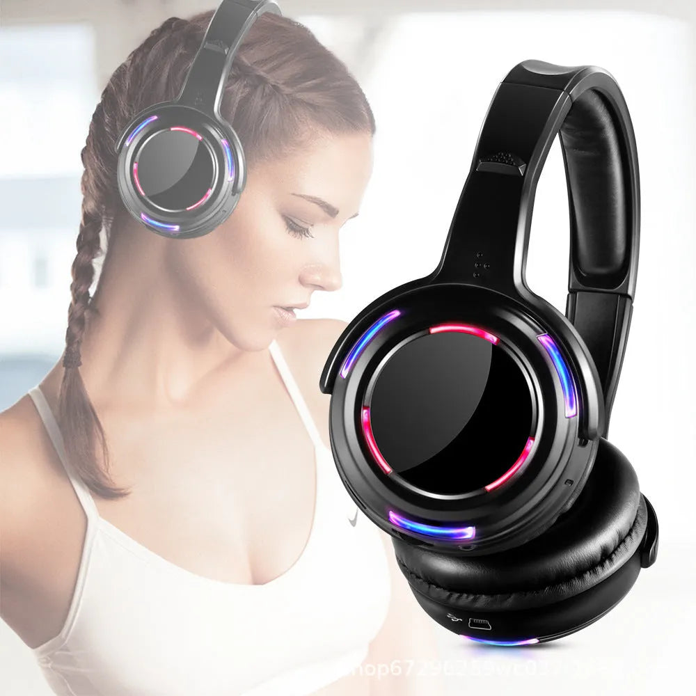Black silent disco wireless headphones with headband and 3.5mm plug