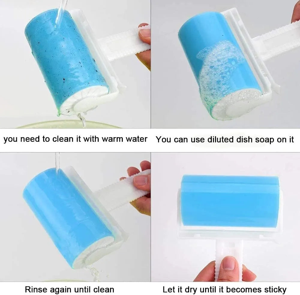 Blue washable reusable lint roller with protective cover for removing pet hair from clothes
