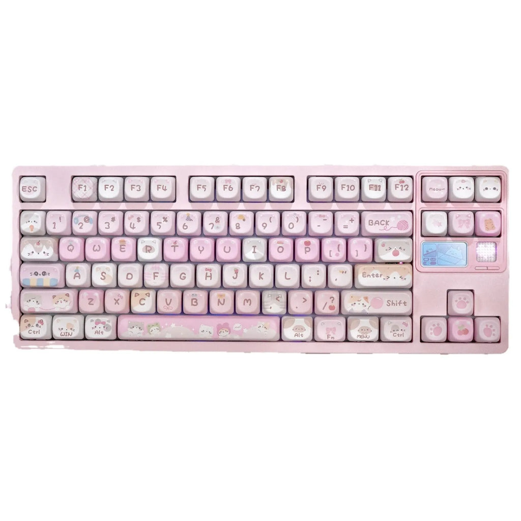Pink cartoon MOA height plastic keycaps with five-sided sublimation arranged in a full set layout.