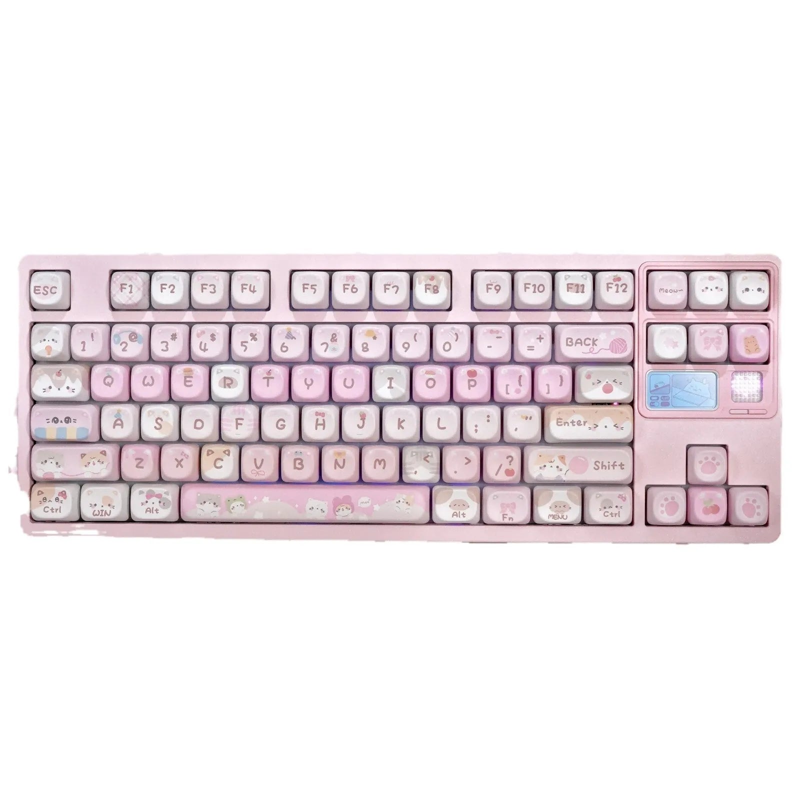 Pink cartoon MOA height plastic keycaps with five-sided sublimation arranged in a full set layout.