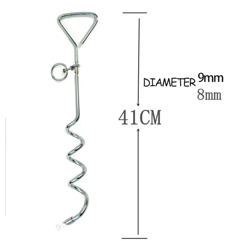 Solid steel spiral dog tie out stake for secure ground tethering outdoors.