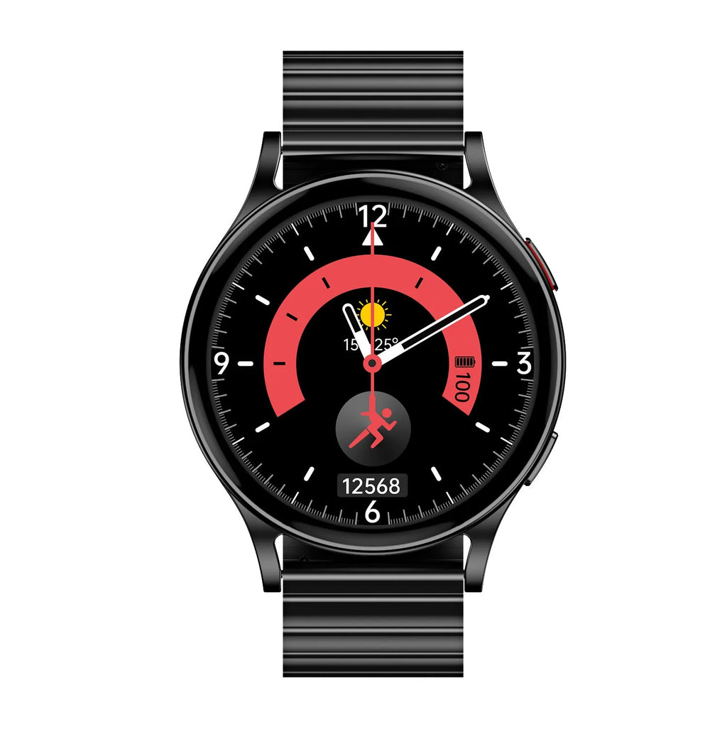 SmartWatch with white background dial and multiple strap colour options steel belt black and silver