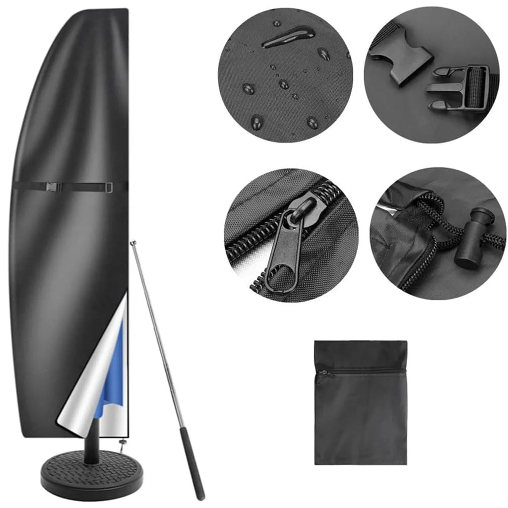 Black waterproof Oxford cloth banana-shaped cover for an offset patio umbrella.