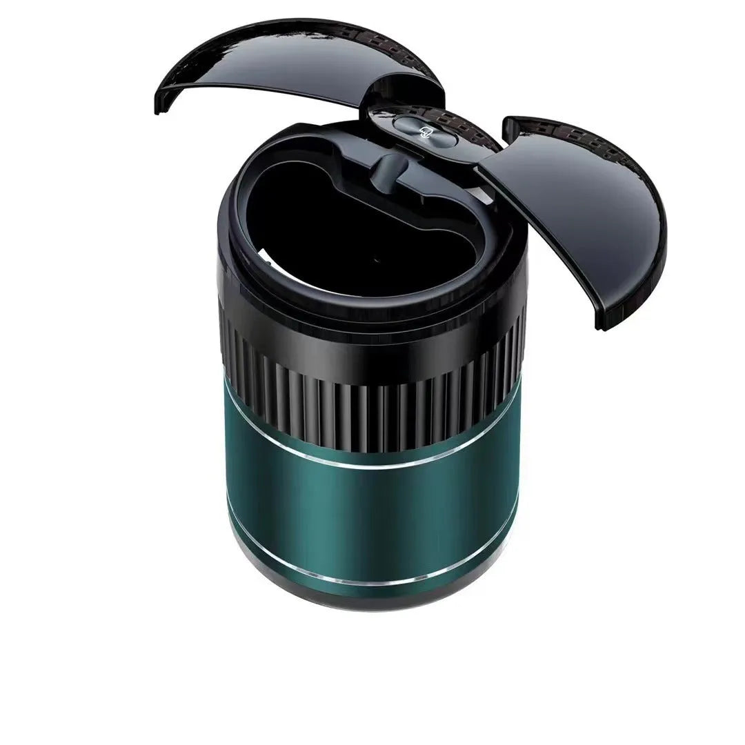 Smart infrared and touch control metal car ashtray in black, 113mm by 72mm, with lid closed