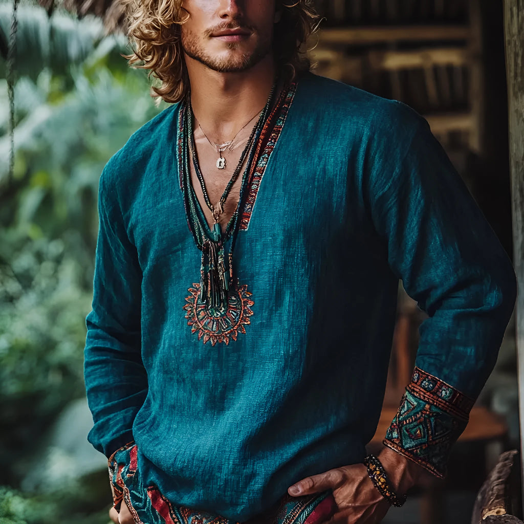 Boho vintage print long sleeve pullover top in European retro style