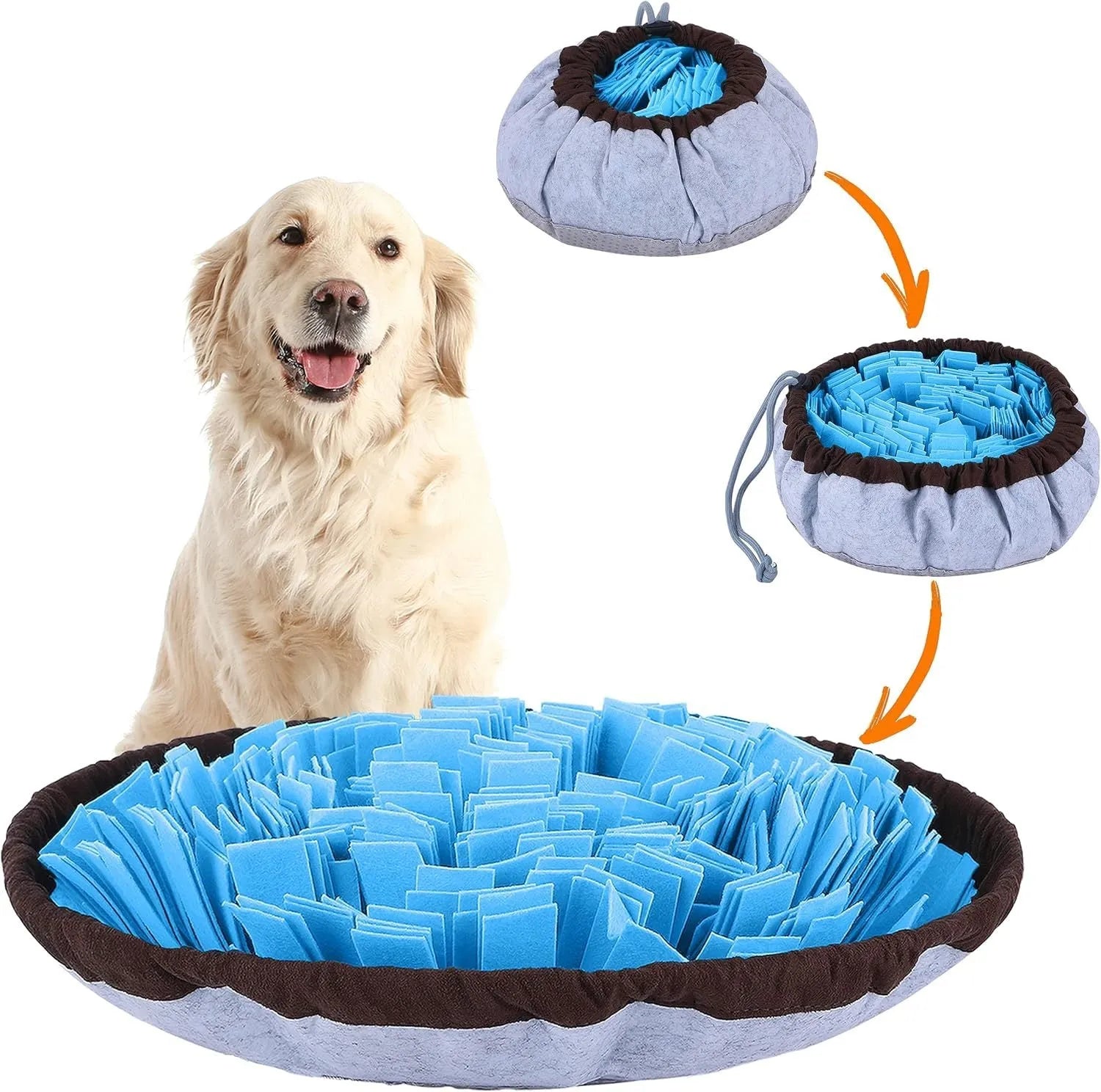 Large blue adjustable dog snuffle mat with fleece strips for slow feeding and enrichment