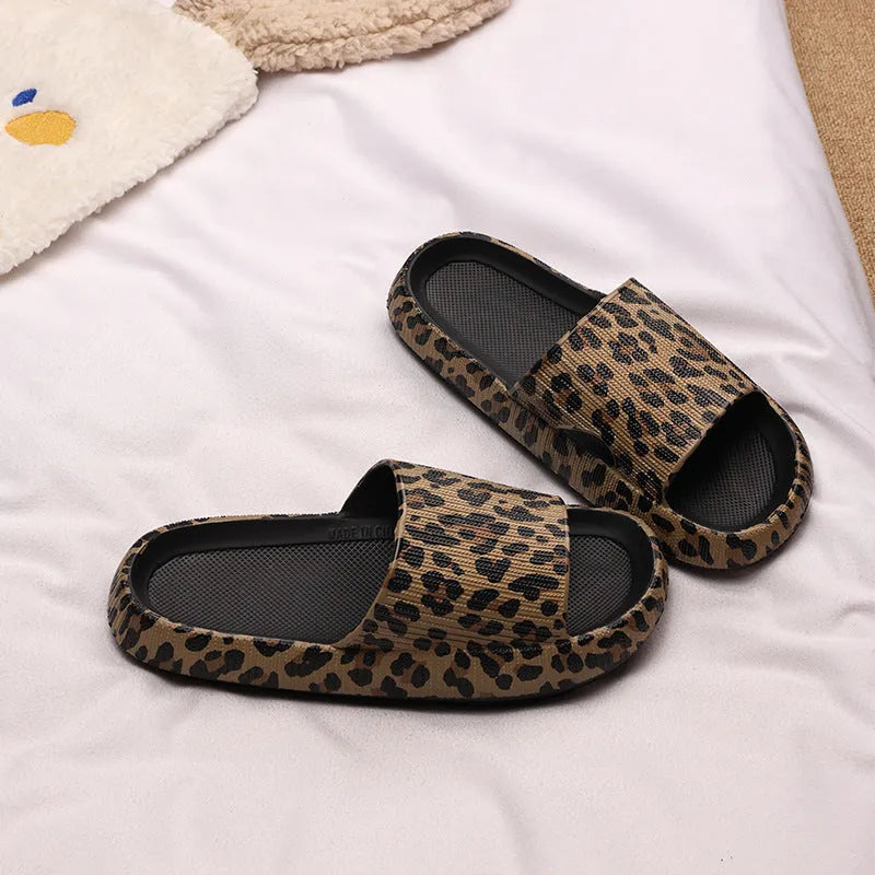 Women's leopard print EVA slippers with thick sole showing multiple colour pattern options