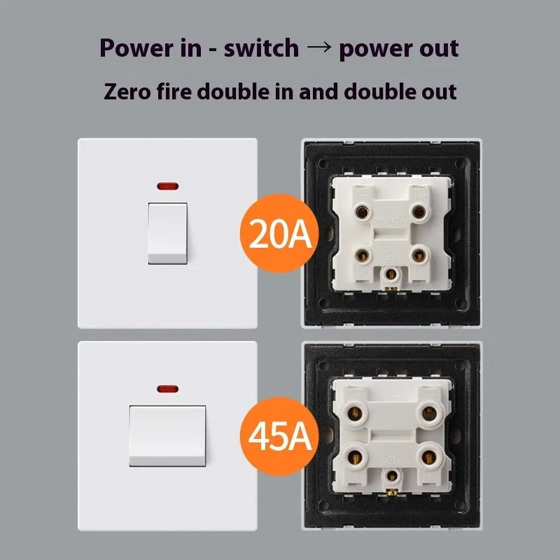 High current double break switch with illuminated panel for water heaters, in gold, grey, or white