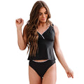 Black solid colour sleeveless one-piece women's swimsuit on a hanger