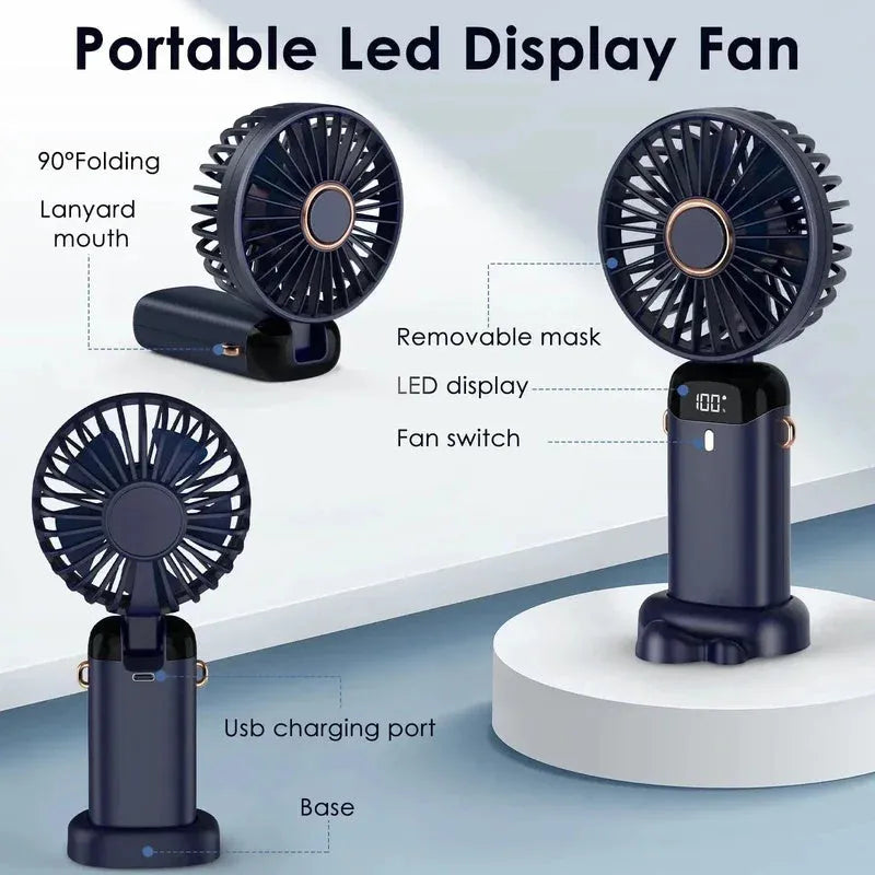 USB rechargeable mini handheld fan in white with foldable neck design and LED display