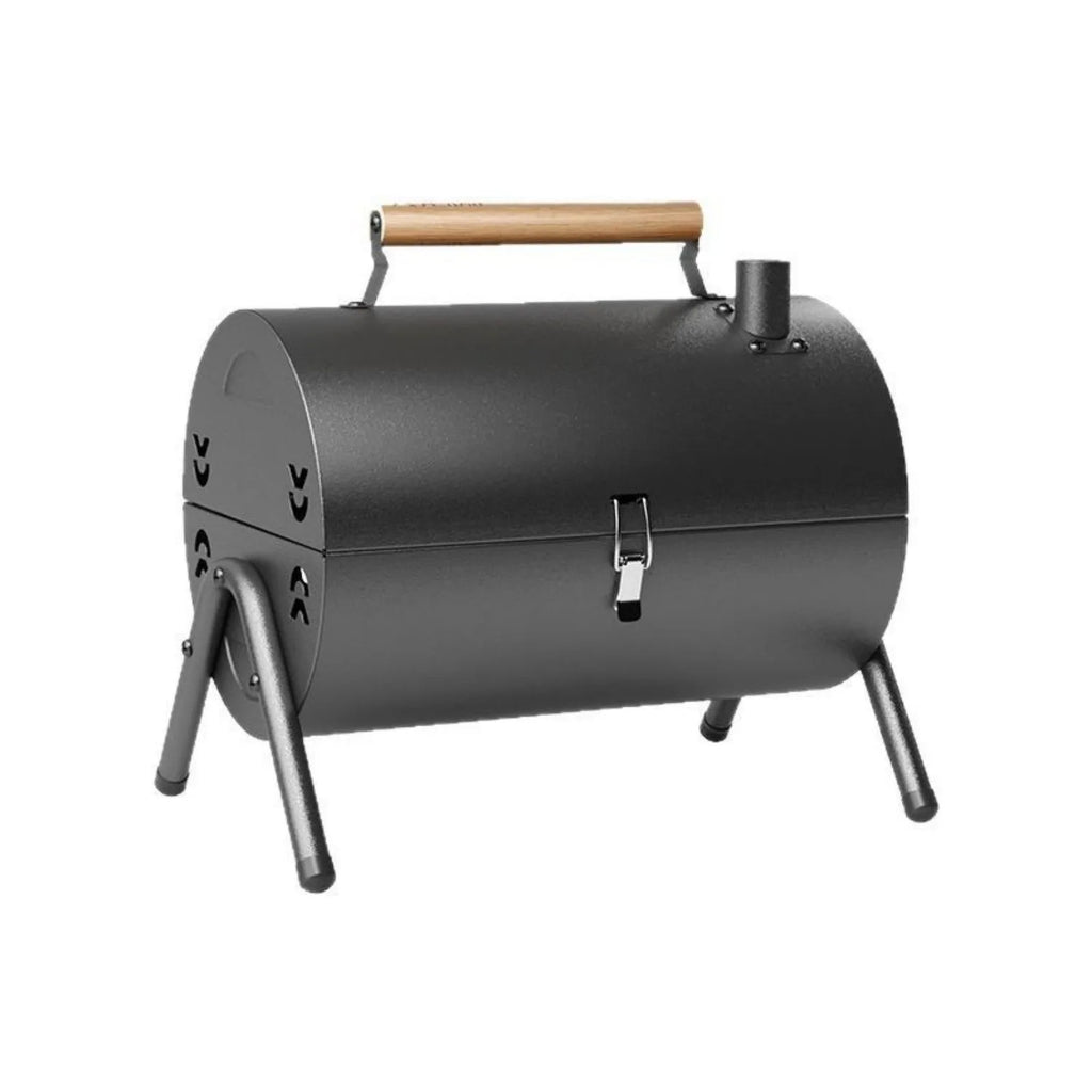 White round portable folding grill with detachable carbon tank for outdoor baking and frying