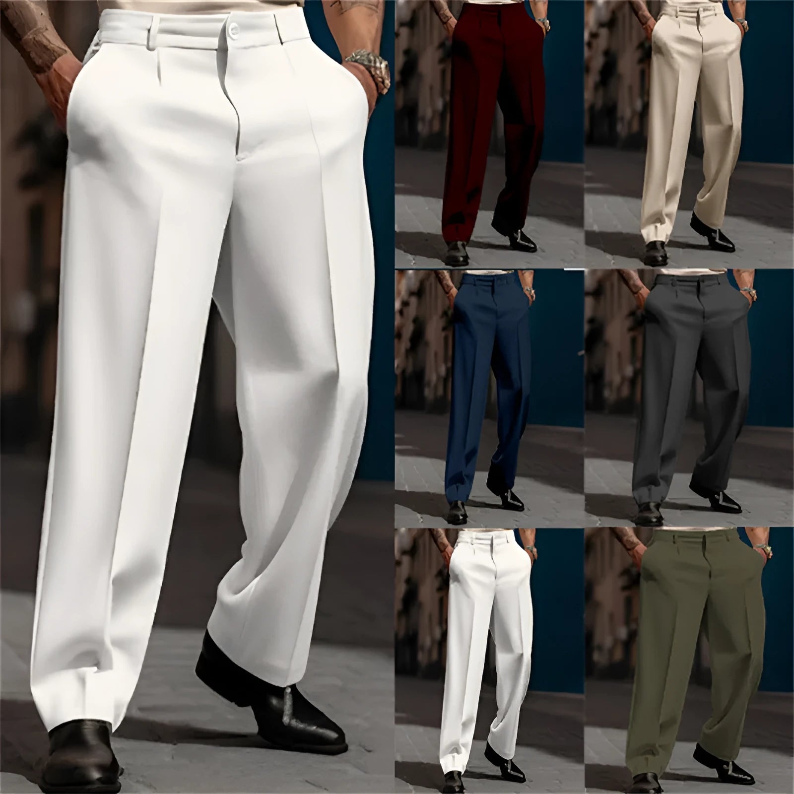 Men's straight-leg suit pants in solid colour with diagonal pockets, cotton-polyester blend, available in multiple colours