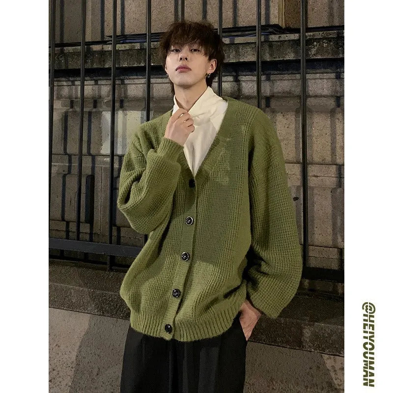 Men's army green cotton blend V-neck cardigan sweater with long sleeves in loose casual fit