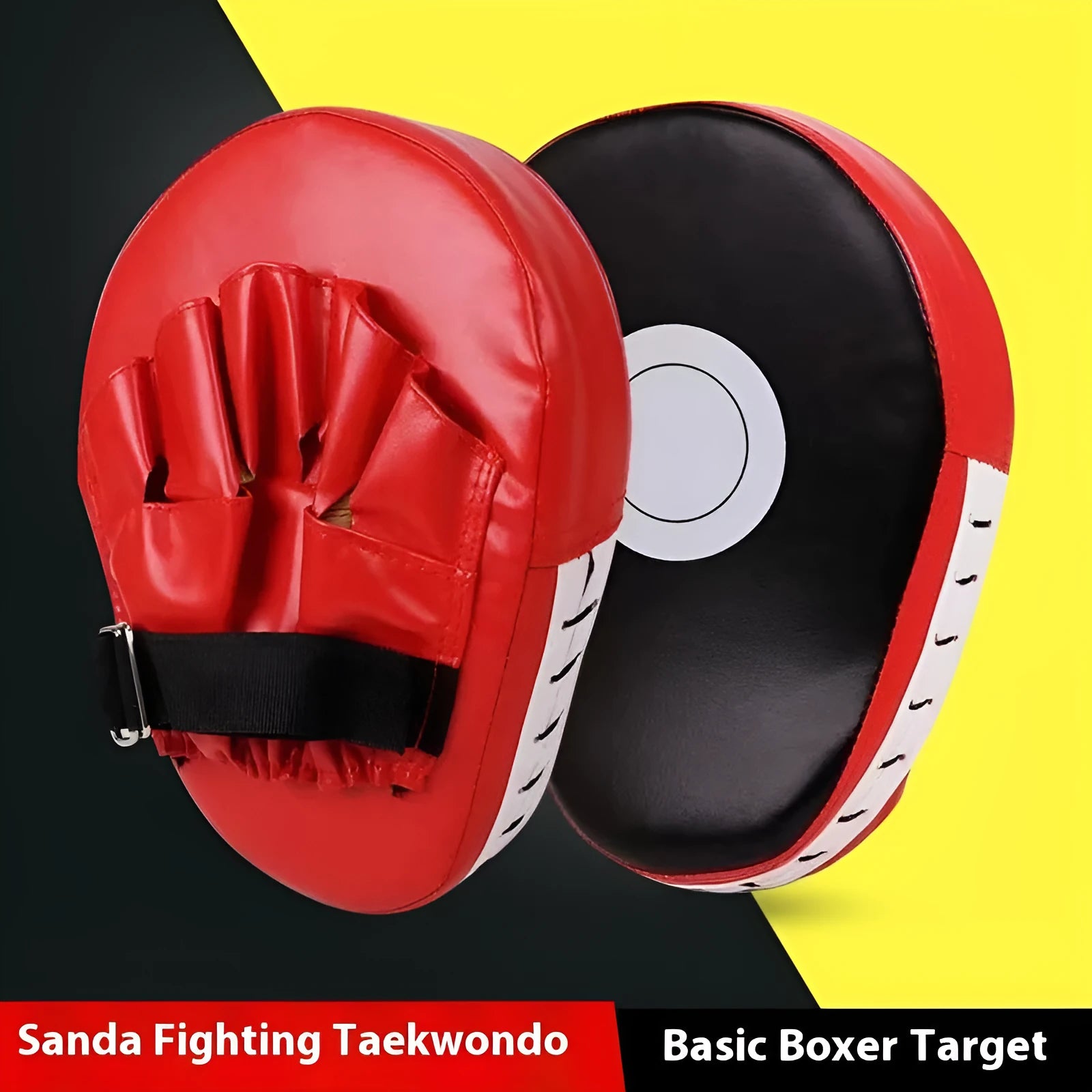 Boxing punch mitts hand target for Sanda and Muay Thai training in red, black, blue, and yellow colours.