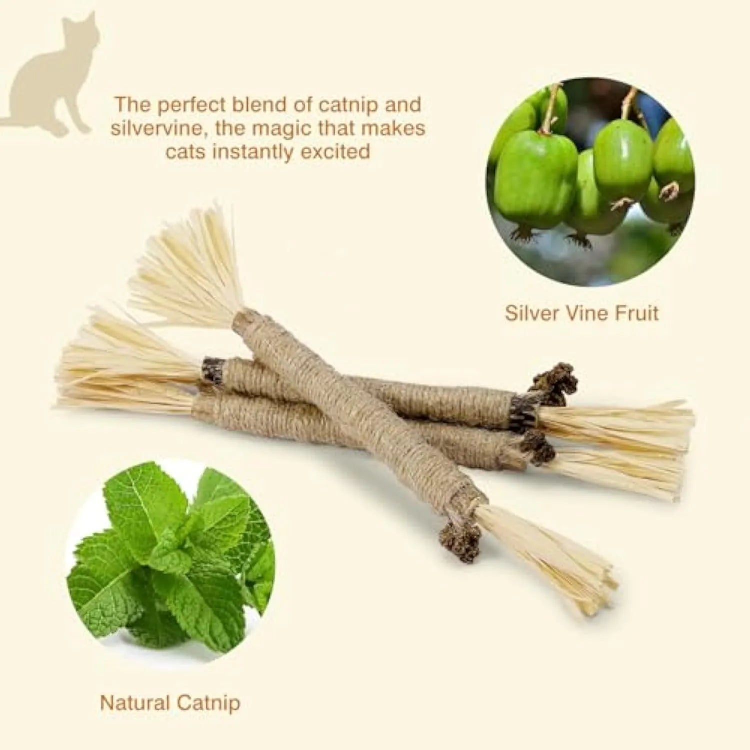 A pack of three natural silvervine chew sticks for cats with sisal rope, for dental care and enrichment.