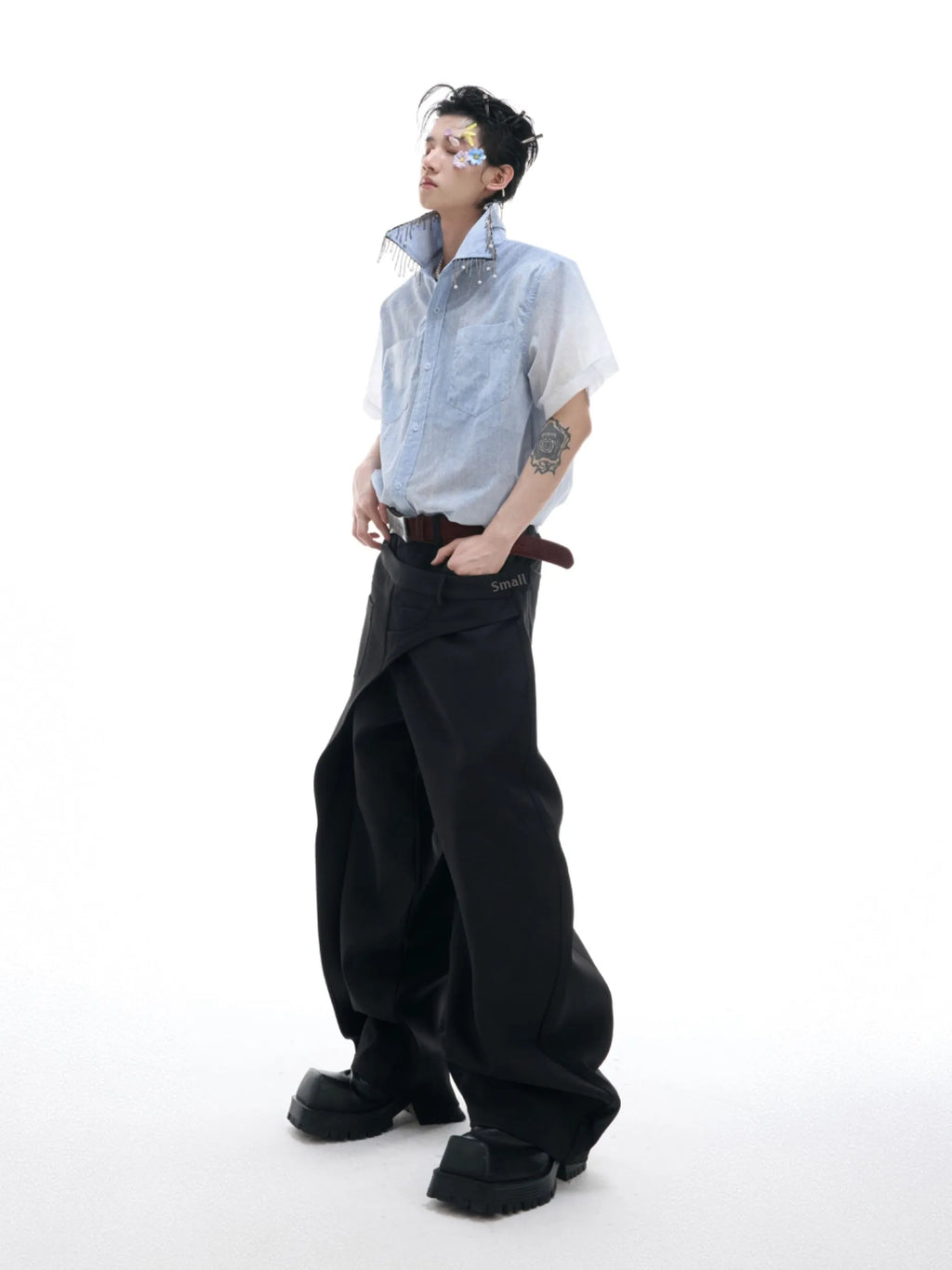 Men's blue and white gradient loose-fit short sleeve shirt on a hanger