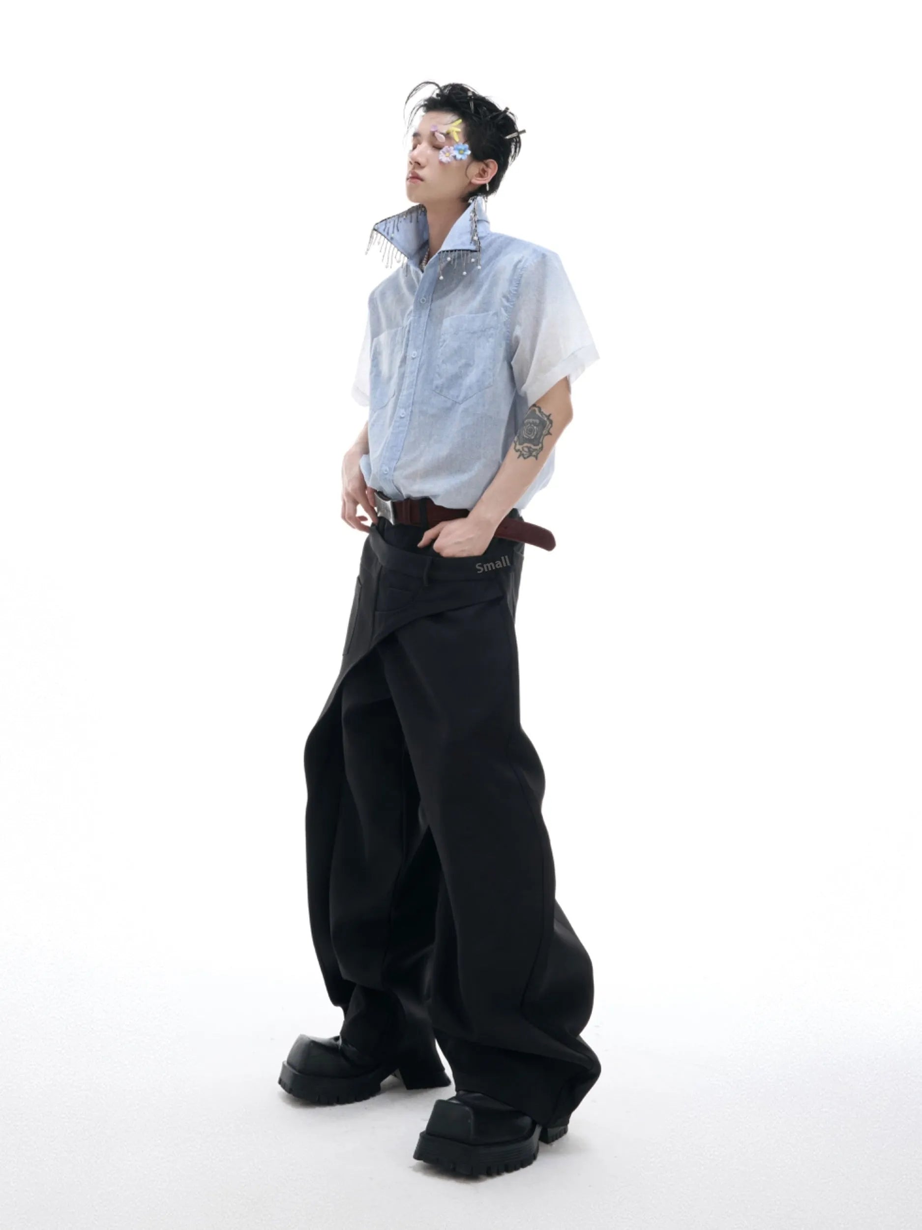 Men's blue and white gradient loose-fit short sleeve shirt on a hanger