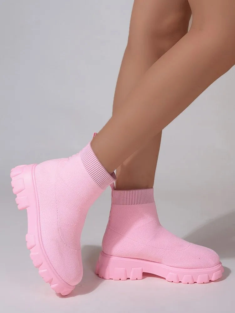 Women's fashion ankle boots low heel sock boots mesh upper candy colours round toe
