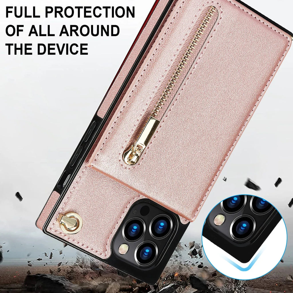 Black leather and TPU protective case fitted on a smartphone, showing precise cutouts for camera and ports.