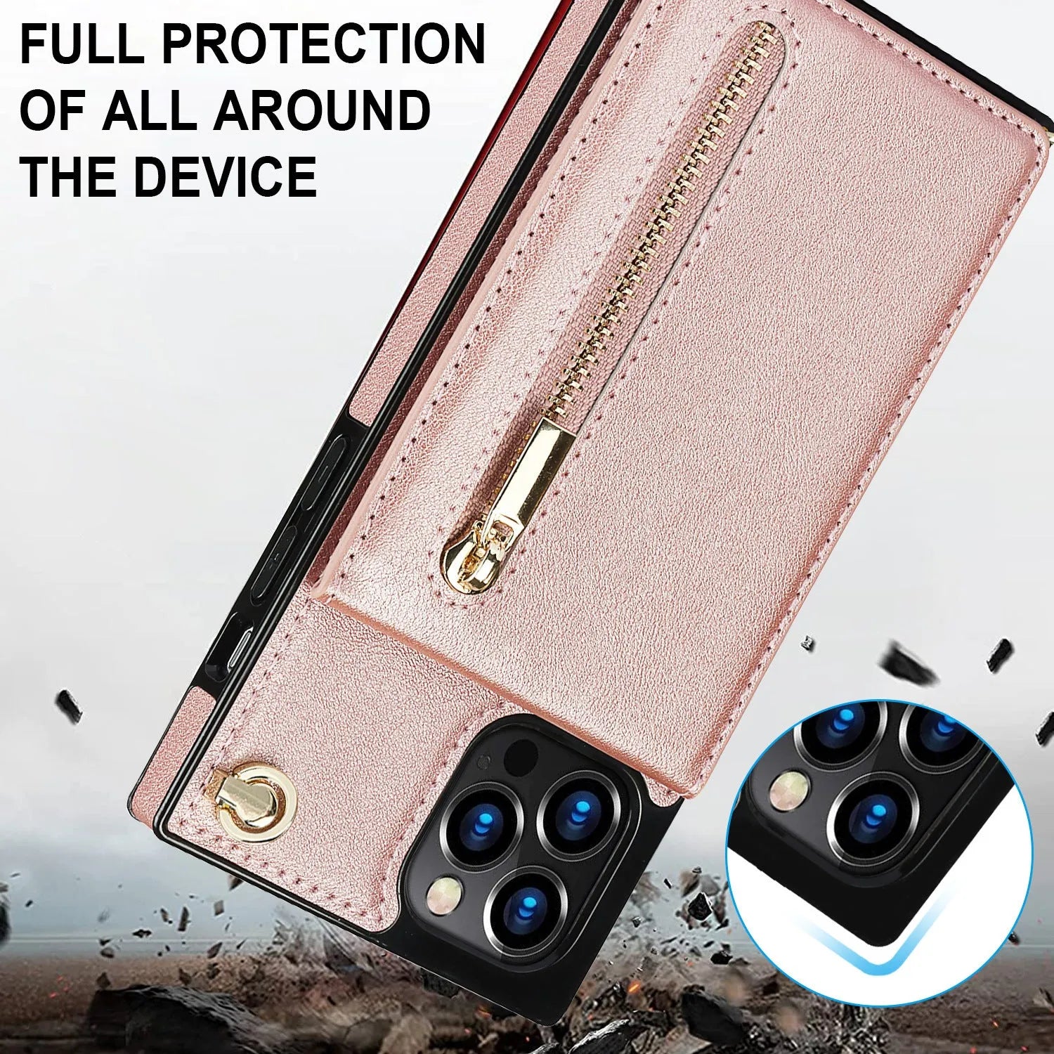 Black leather and TPU protective case fitted on a smartphone, showing precise cutouts for camera and ports.