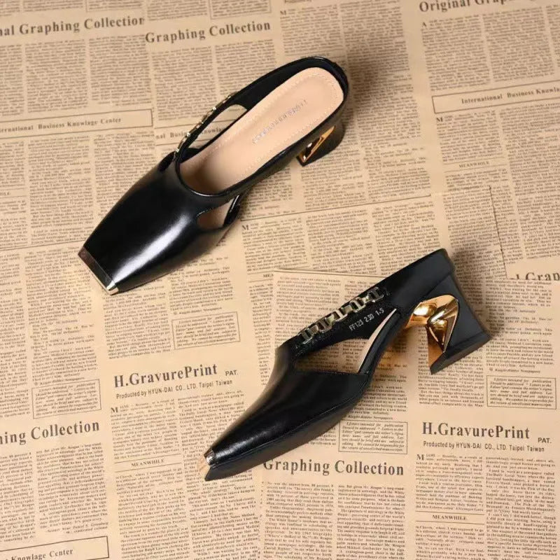 Metal Tilta French retro square toe sandals in black with PU upper and rubber sole