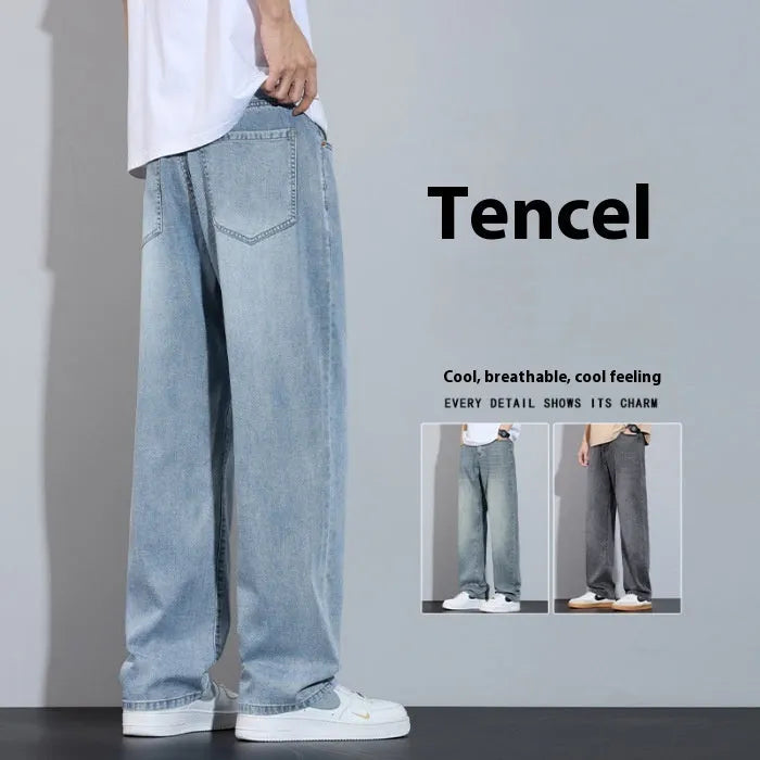 Straight-leg ice silk denim trousers in UK2560 blue with wide-leg cut and zip placket fly