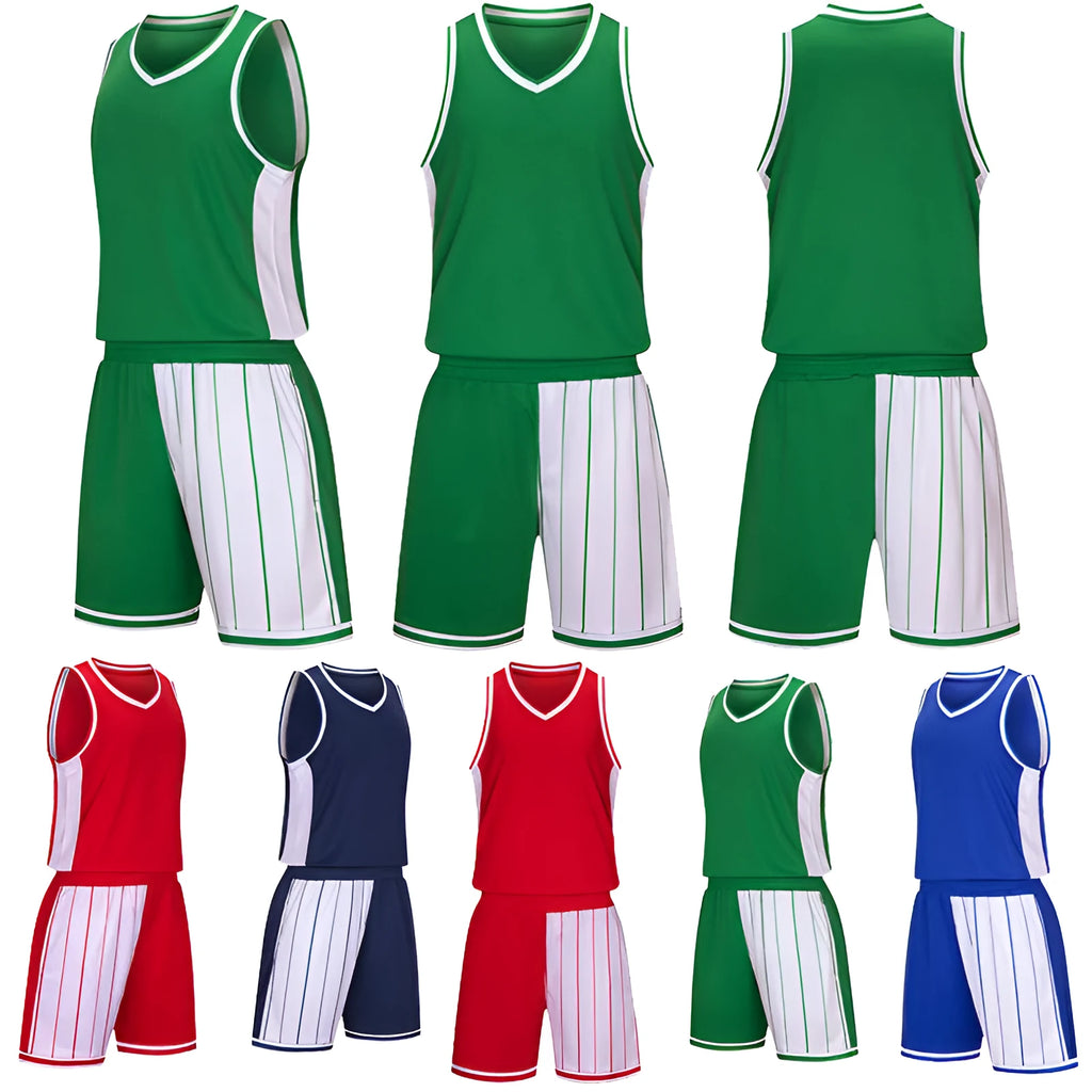 Men's basketball training uniform set in polyester with quick-dry properties showing top and shorts