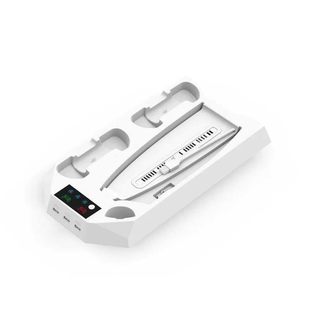 PS5 charging base and radiator stand in black or white with space for console, controllers and headset
