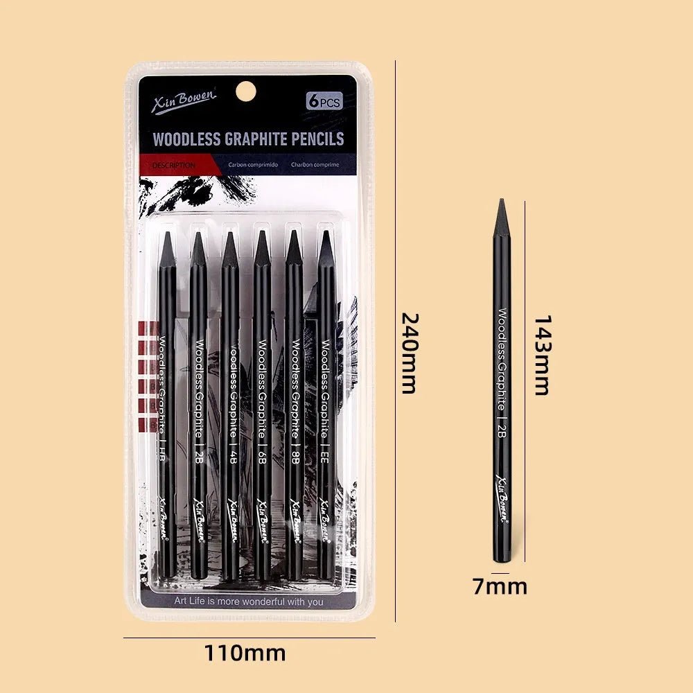 Wood-free graphite sketching pencils set with six grades HB 2B 4B 6B 8B EE for art drawing