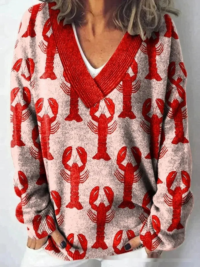 Women's retro-style V-neck sweatshirt with a 3D floral pattern print and long sleeves.