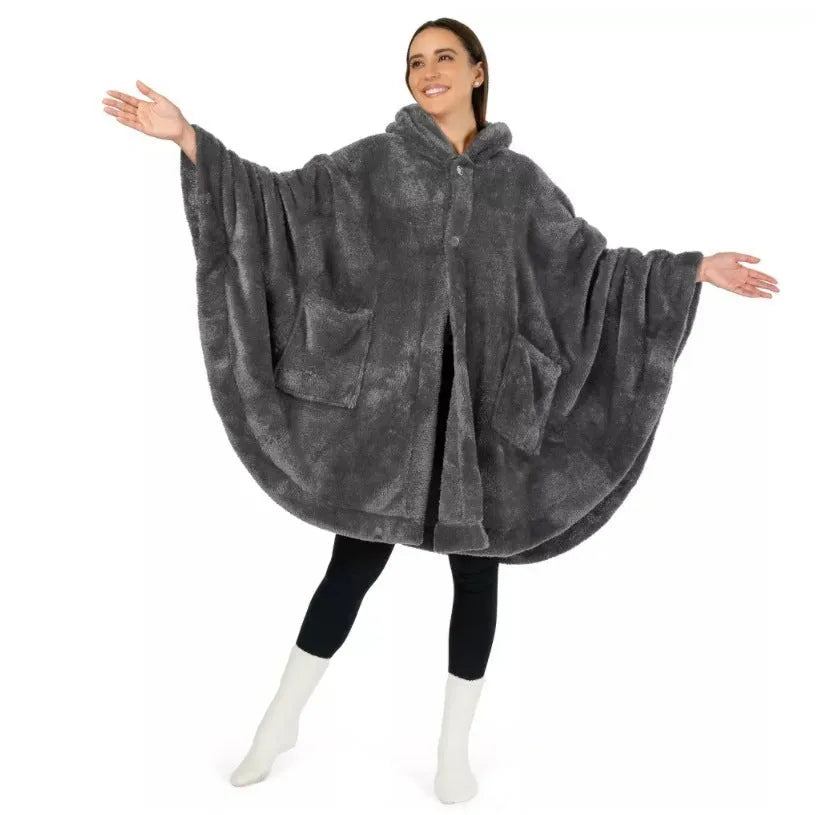 Thickened hooded bathrobe in polyester shown in black, dark grey, and pink colour options.