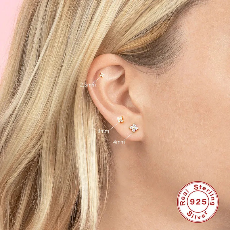 S925 sterling silver geometric floral stud earrings in gold or platinum finish