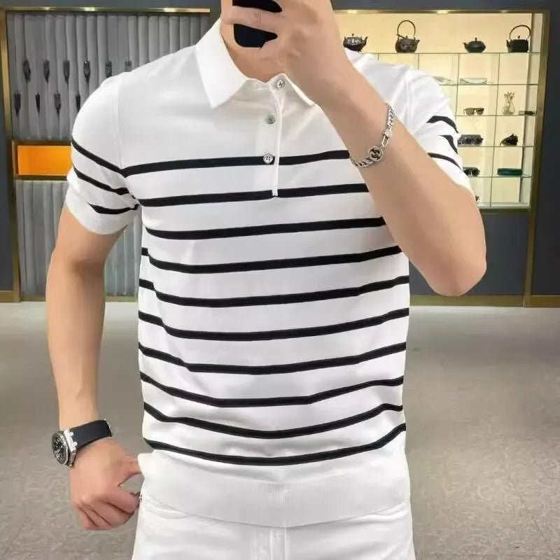 Black and white striped knit t-shirt with lapel collar design showing pullover style